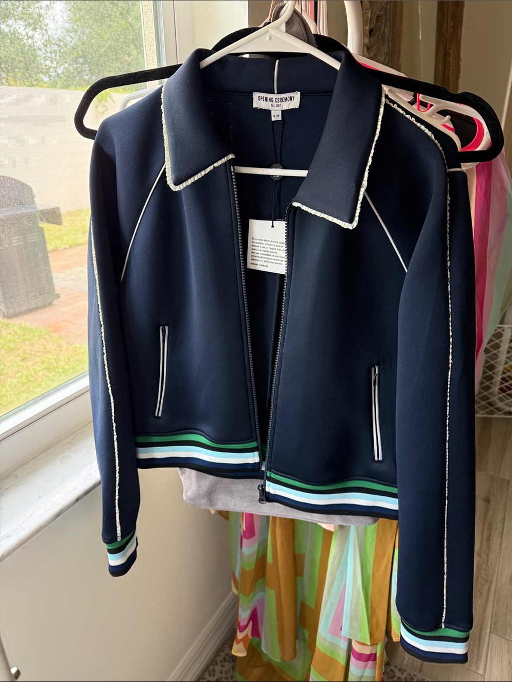 Opening Ceremony Navy Bomber Jacket with Green & Blue Stripe Hem